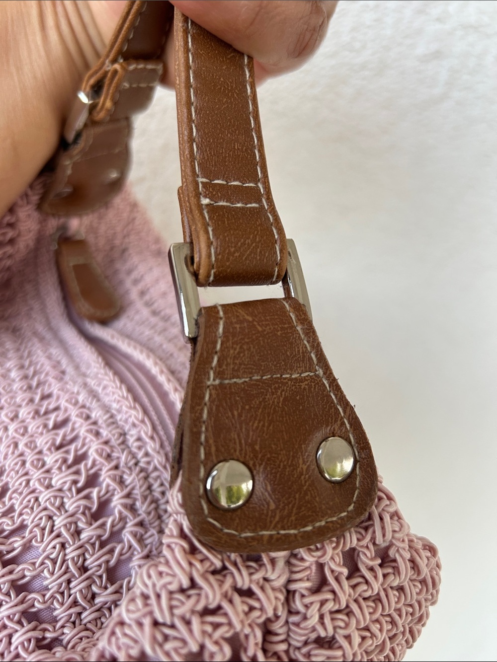 Blush Crochet Shoulder Bag with Brown Strap - Picture 6 of 8